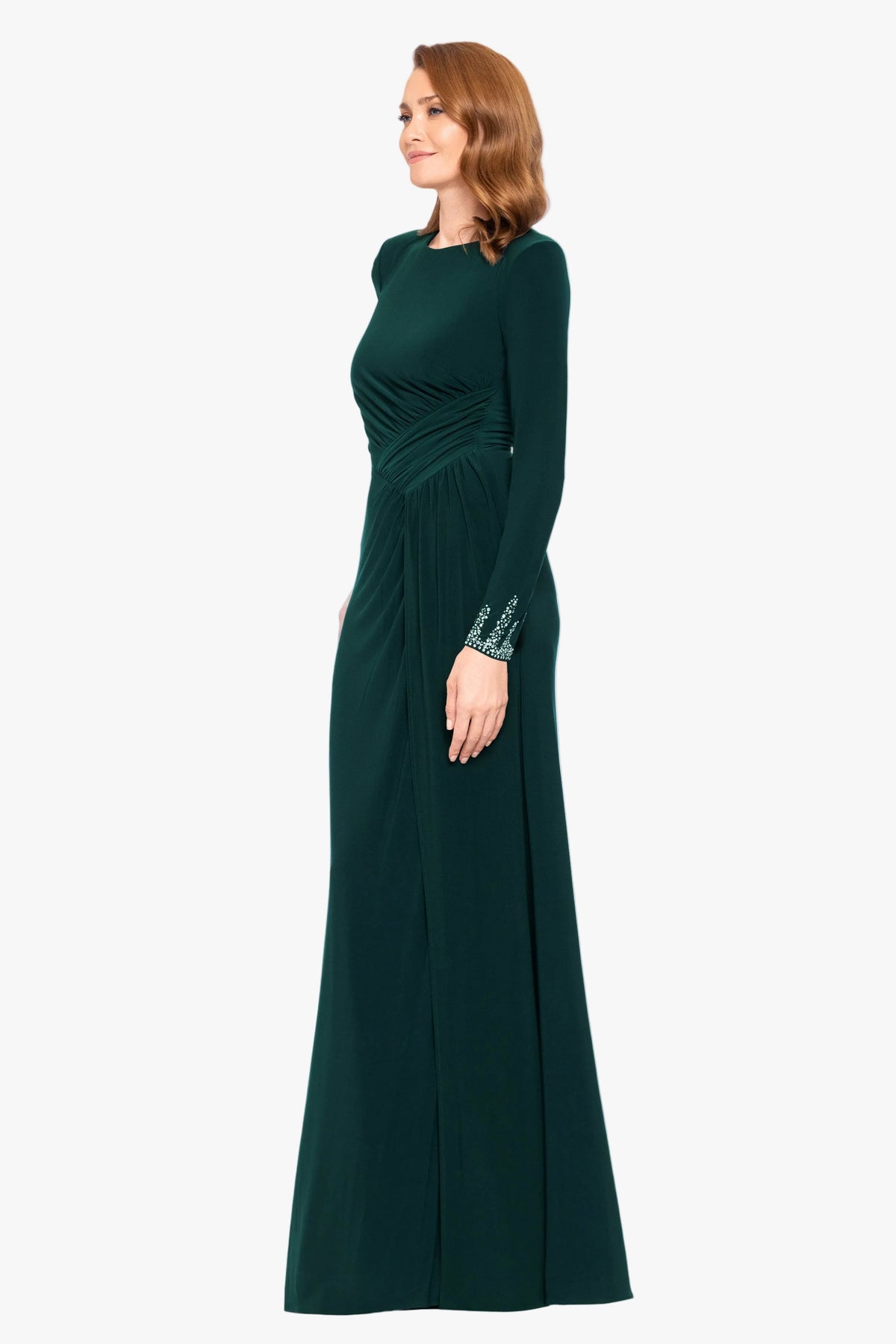 Betsy & Adam "Kenley" Jersey Knit Long Sleeve Beaded Cuff Dress - Forest
