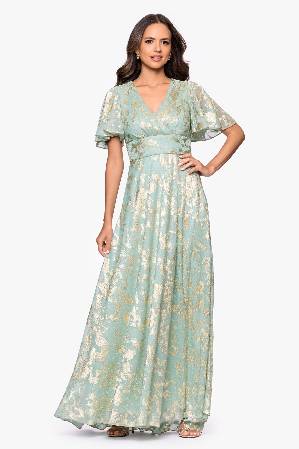 Betsy & Adam "Polly" Metallic Print Flutter Sleeve Dress - Sage/Gold