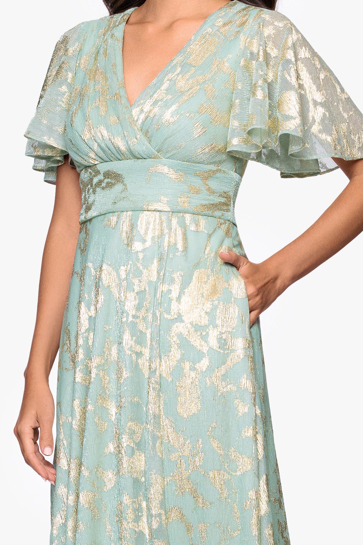 Betsy & Adam "Polly" Metallic Print Flutter Sleeve Dress - Sage/Gold