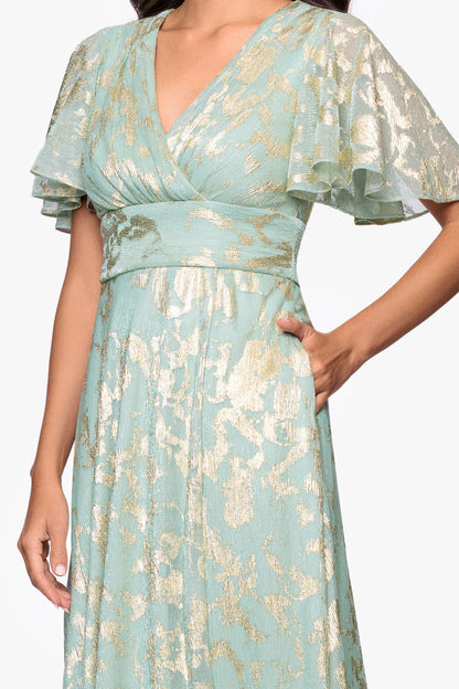 Betsy & Adam "Polly" Metallic Print Flutter Sleeve Dress - Sage/Gold