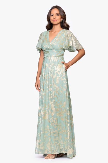 Betsy & Adam "Polly" Metallic Print Flutter Sleeve Dress - Sage/Gold