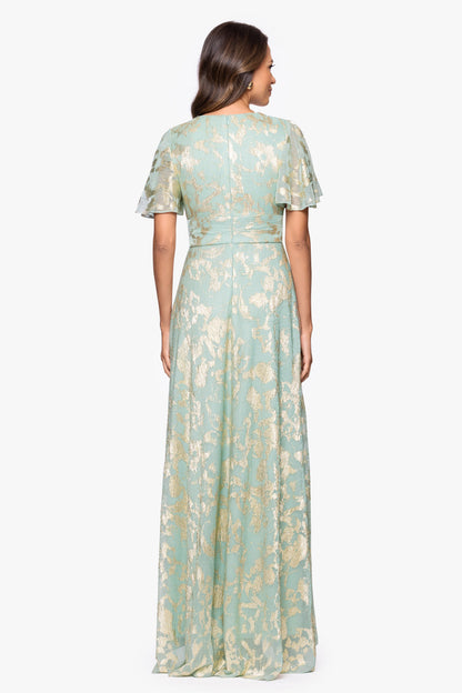 Betsy & Adam "Polly" Metallic Print Flutter Sleeve Dress - Sage/Gold
