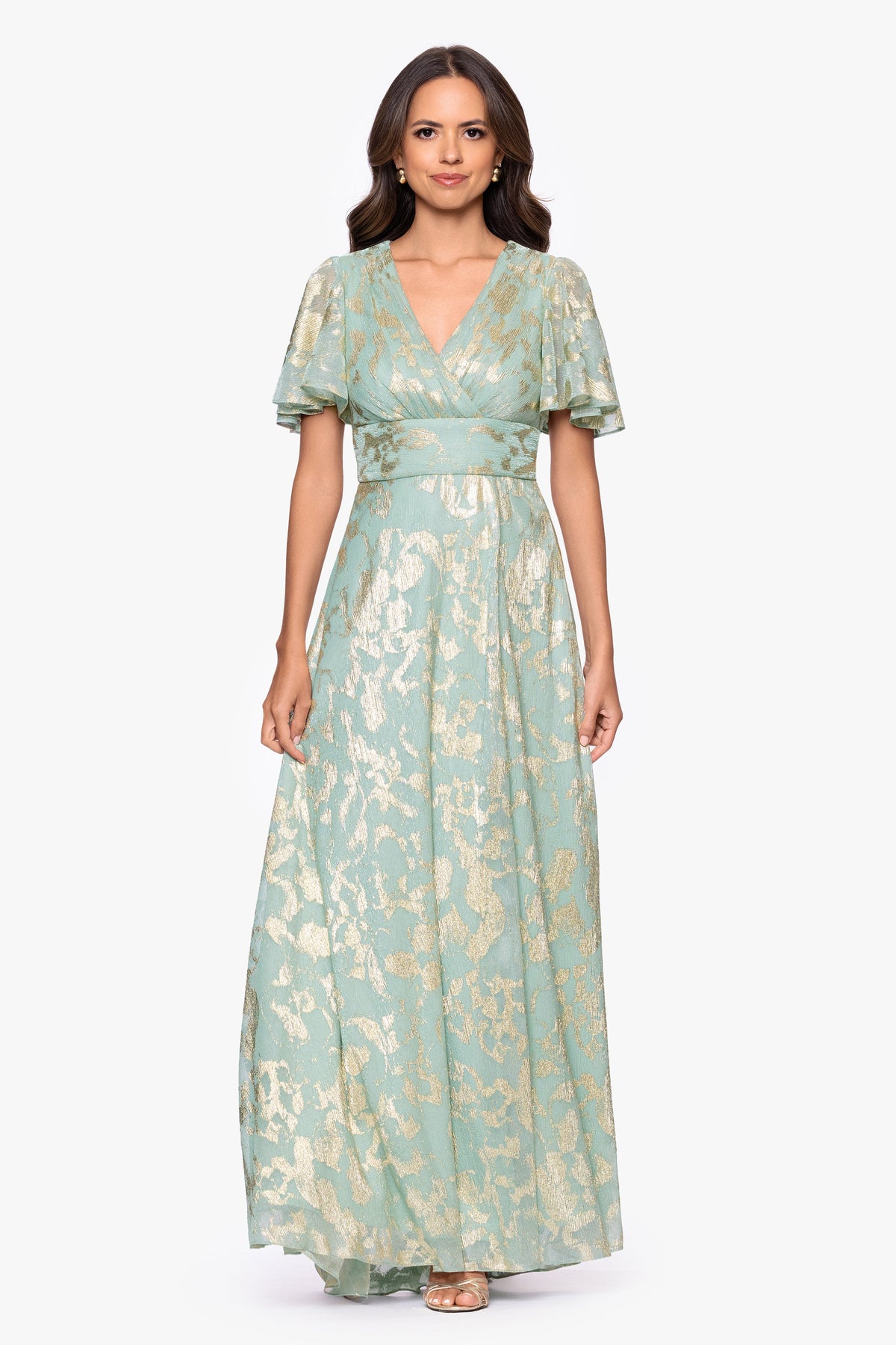 Betsy & Adam "Polly" Metallic Print Flutter Sleeve Dress - Sage/Gold