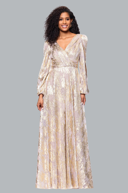 Betsy & Adam "Marla" Metallic Knit Long Sleeve V-Neck Dress - White/Pink/Gold