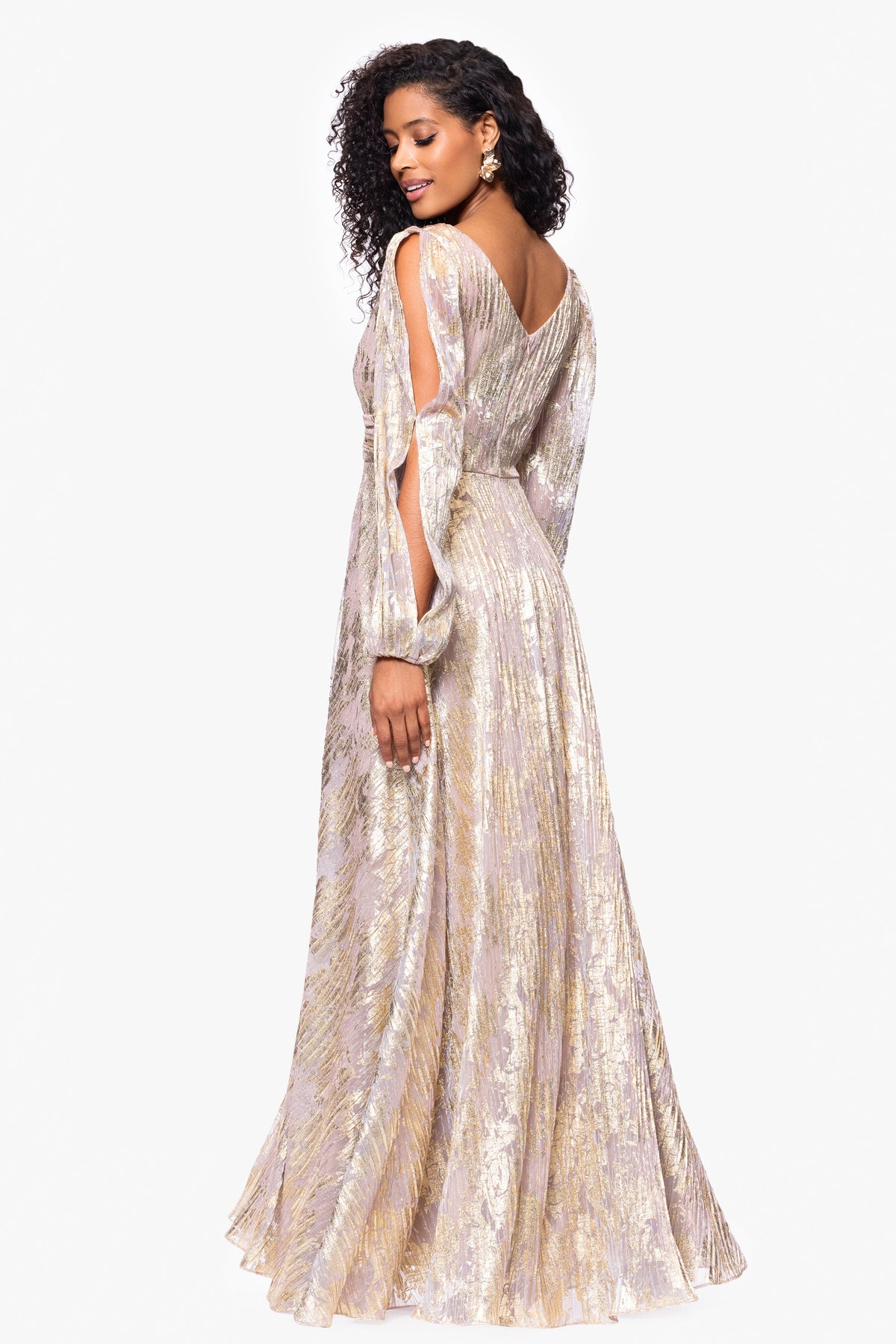 Betsy & Adam "Marla" Metallic Knit Long Sleeve V-Neck Dress - White/Pink/Gold