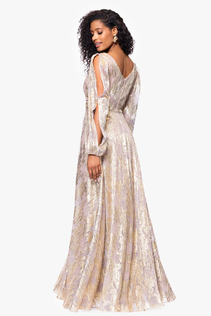 Betsy & Adam "Marla" Metallic Knit Long Sleeve V-Neck Dress - White/Pink/Gold