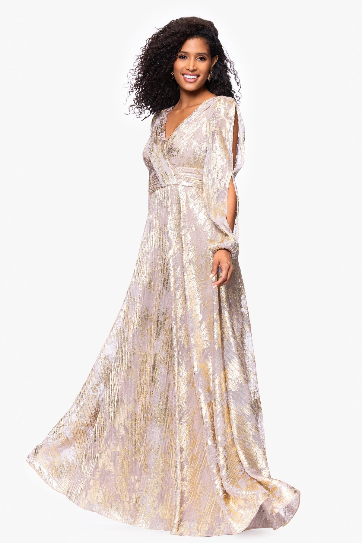 Betsy & Adam "Marla" Metallic Knit Long Sleeve V-Neck Dress - White/Pink/Gold