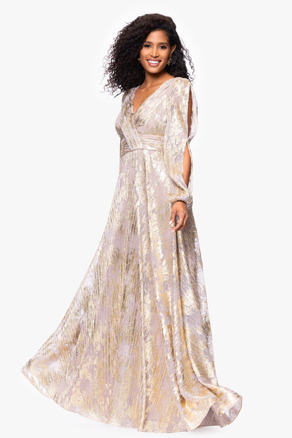Betsy & Adam "Marla" Metallic Knit Long Sleeve V-Neck Dress - White/Pink/Gold