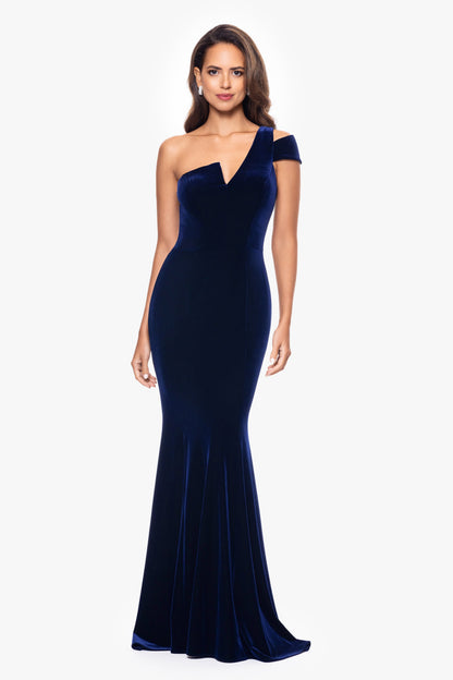 Betsy & Adam "Ella" Velvet One Shoulder Dress - Navy