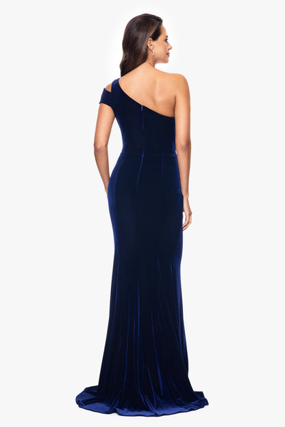 Betsy & Adam "Ella" Velvet One Shoulder Dress - Navy