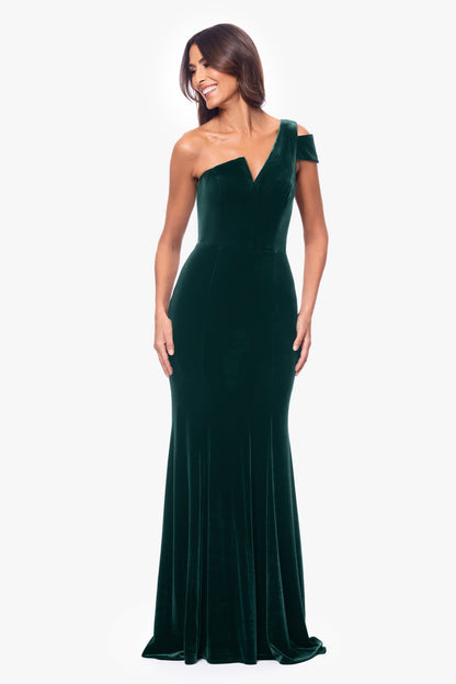 Betsy & Adam "Ella" Velvet One Shoulder Dress - Navy
