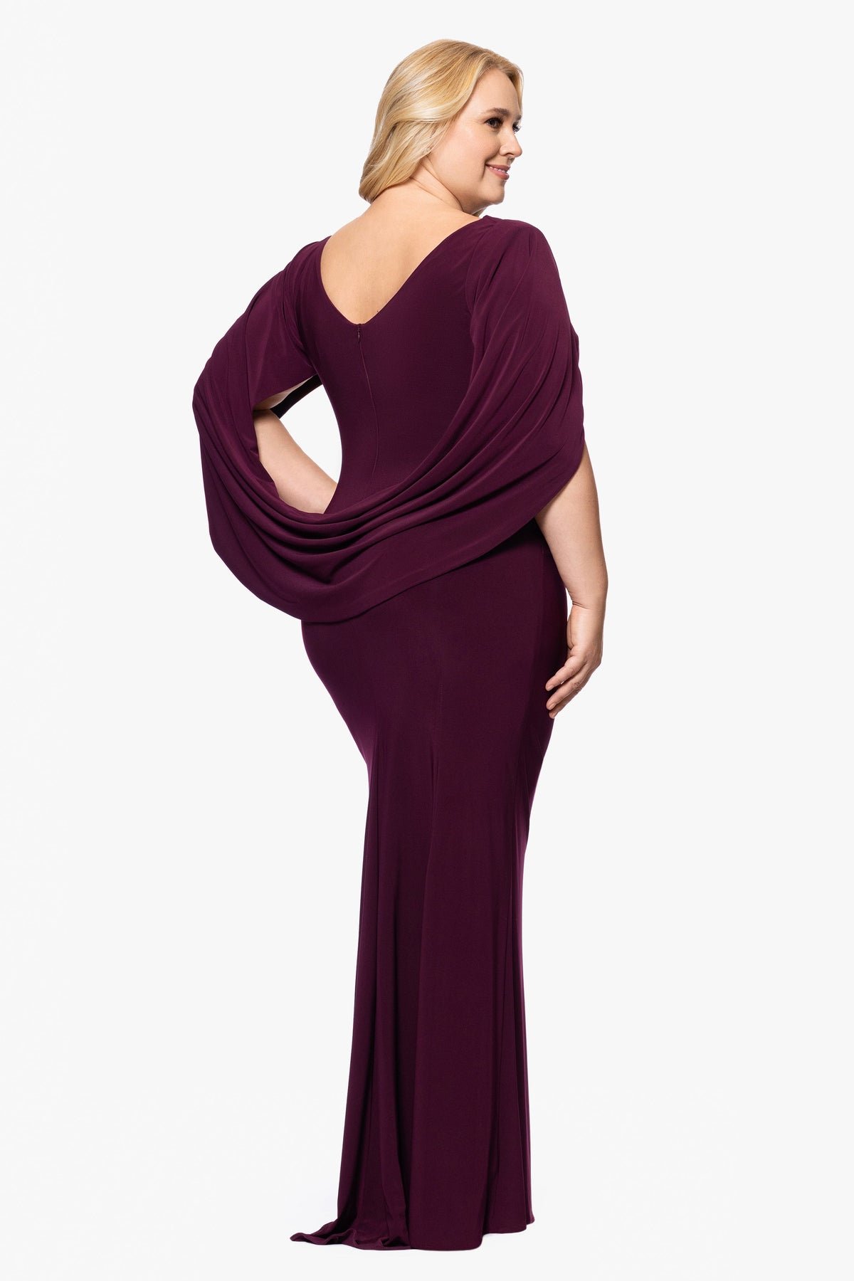 Betsy & Adam Plus “Miriam” Jersey Knit Draped Back Dress - Wine