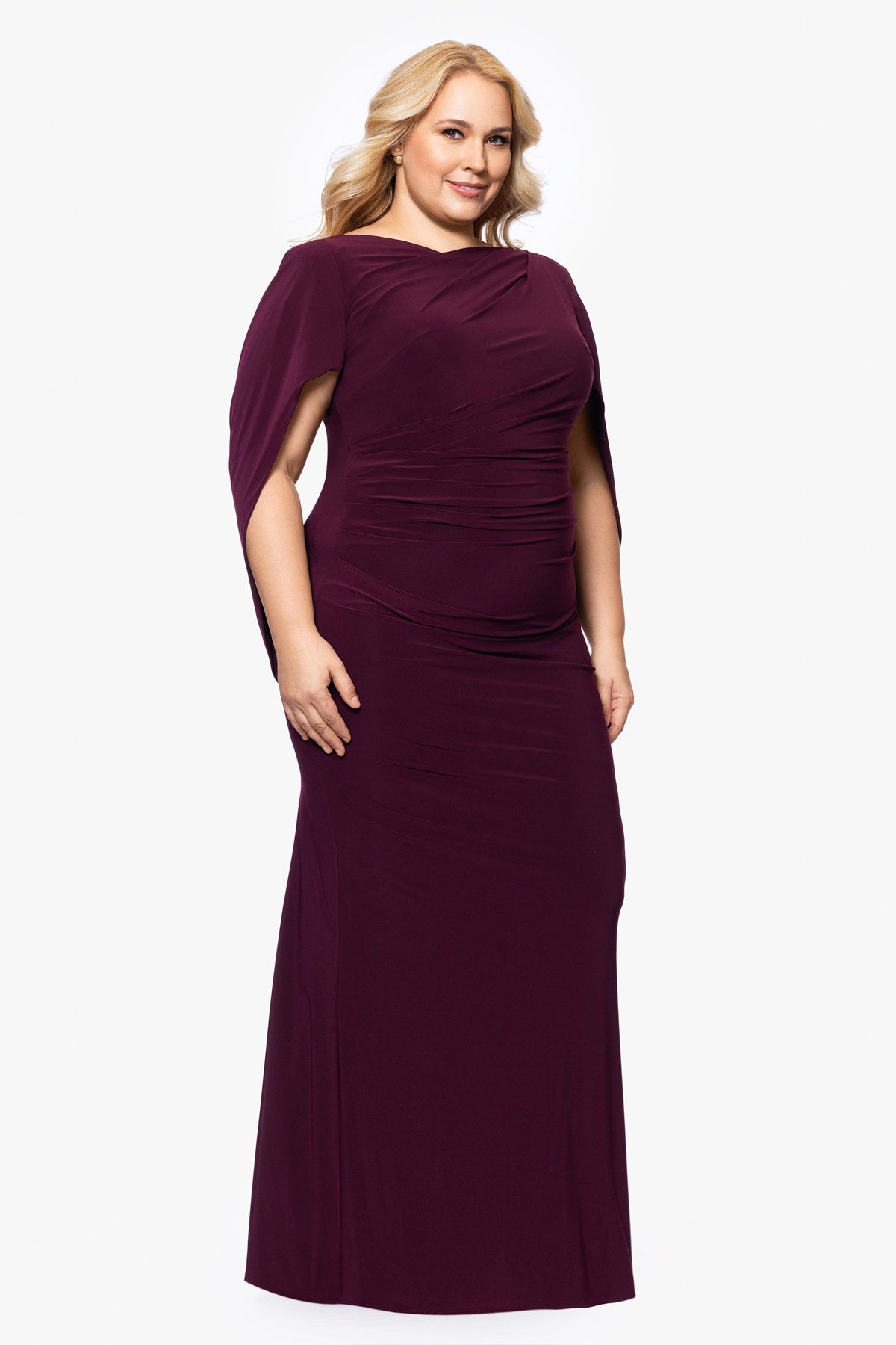 Betsy & Adam Plus “Miriam” Jersey Knit Draped Back Dress - Wine