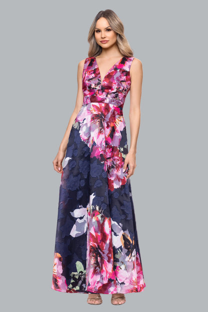 Betsy & Adam "Teagan" Jacquard Printed V-Neck Dress - Navy/Fushia