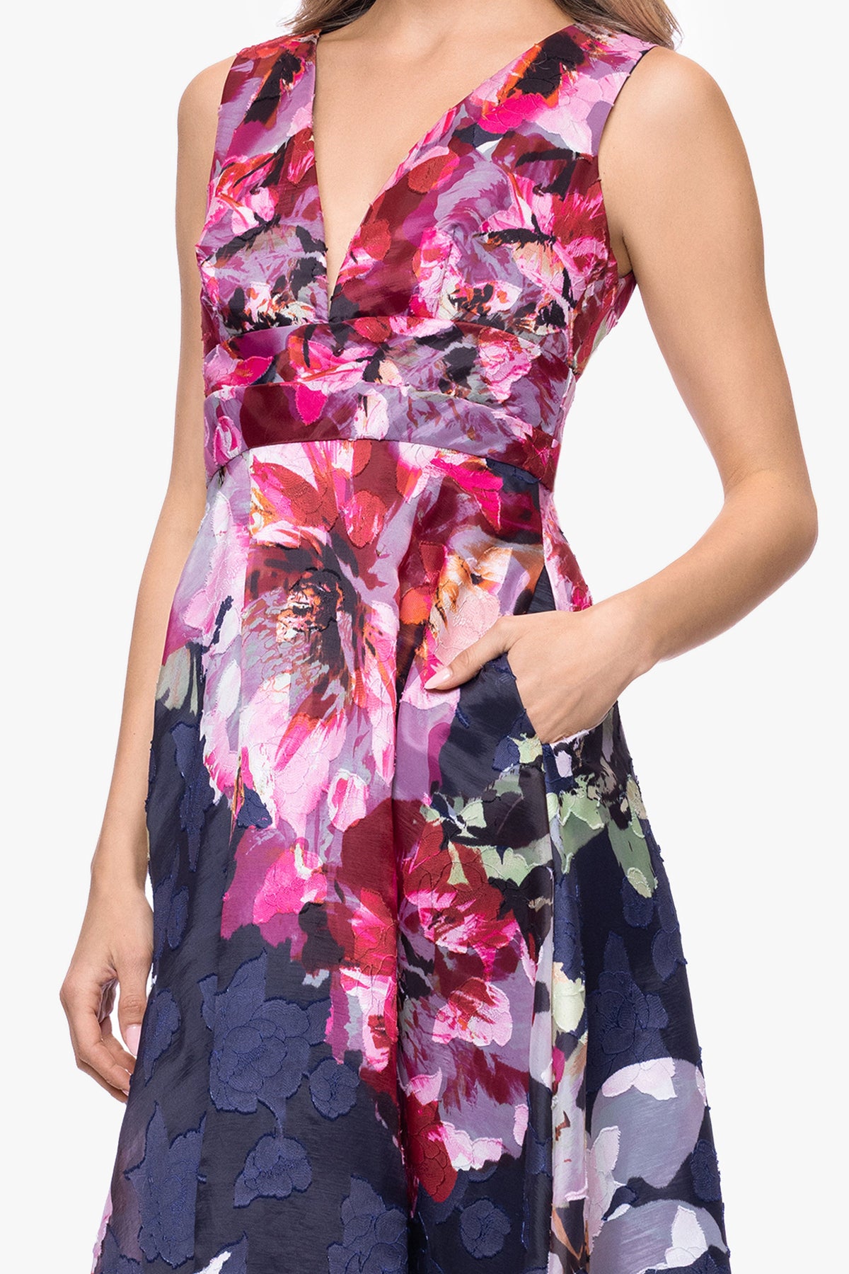 Betsy & Adam "Teagan" Jacquard Printed V-Neck Dress - Navy/Fushia