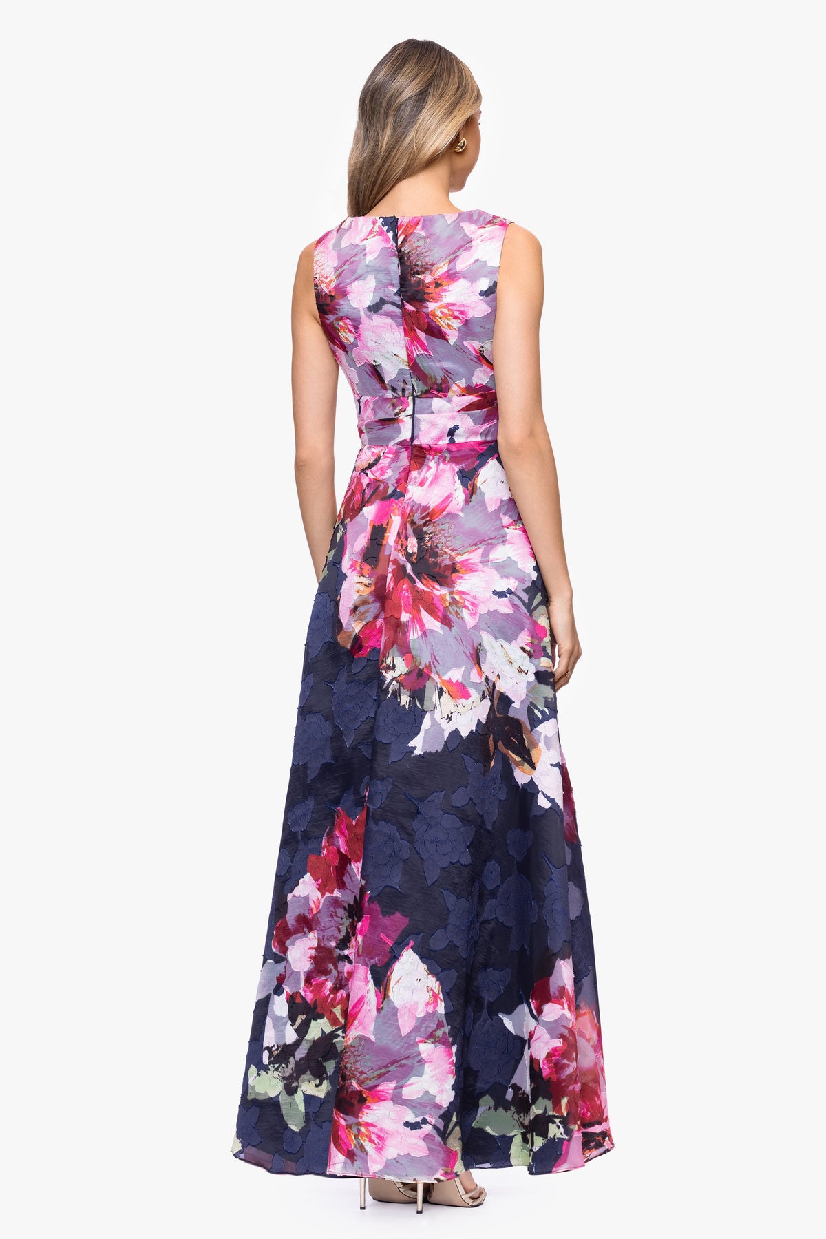 Betsy & Adam "Teagan" Jacquard Printed V-Neck Dress - Navy/Fushia