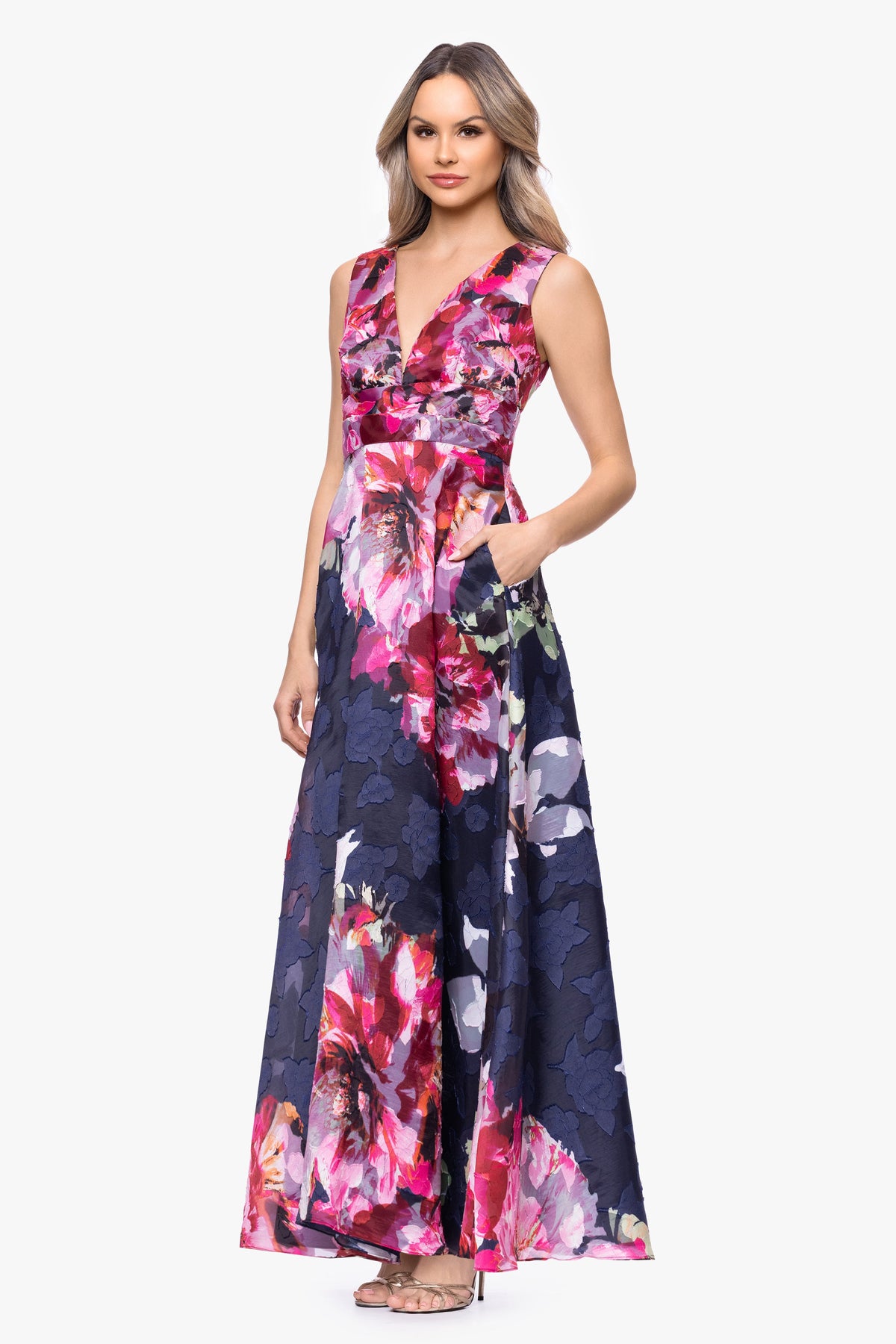 Betsy & Adam "Teagan" Jacquard Printed V-Neck Dress - Navy/Fushia