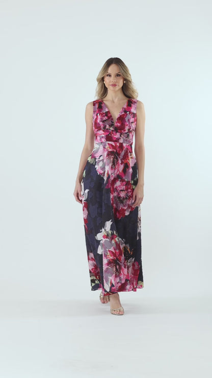 Betsy & Adam "Teagan" Jacquard Printed V-Neck Dress - Navy/Fushia