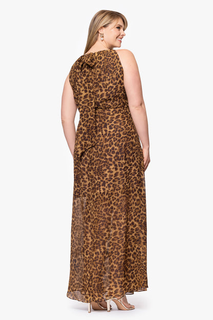 Betsy & Adam Plus "Andie" Print Chiffon Halter Neck Ruffle Dress - Brown/Multi