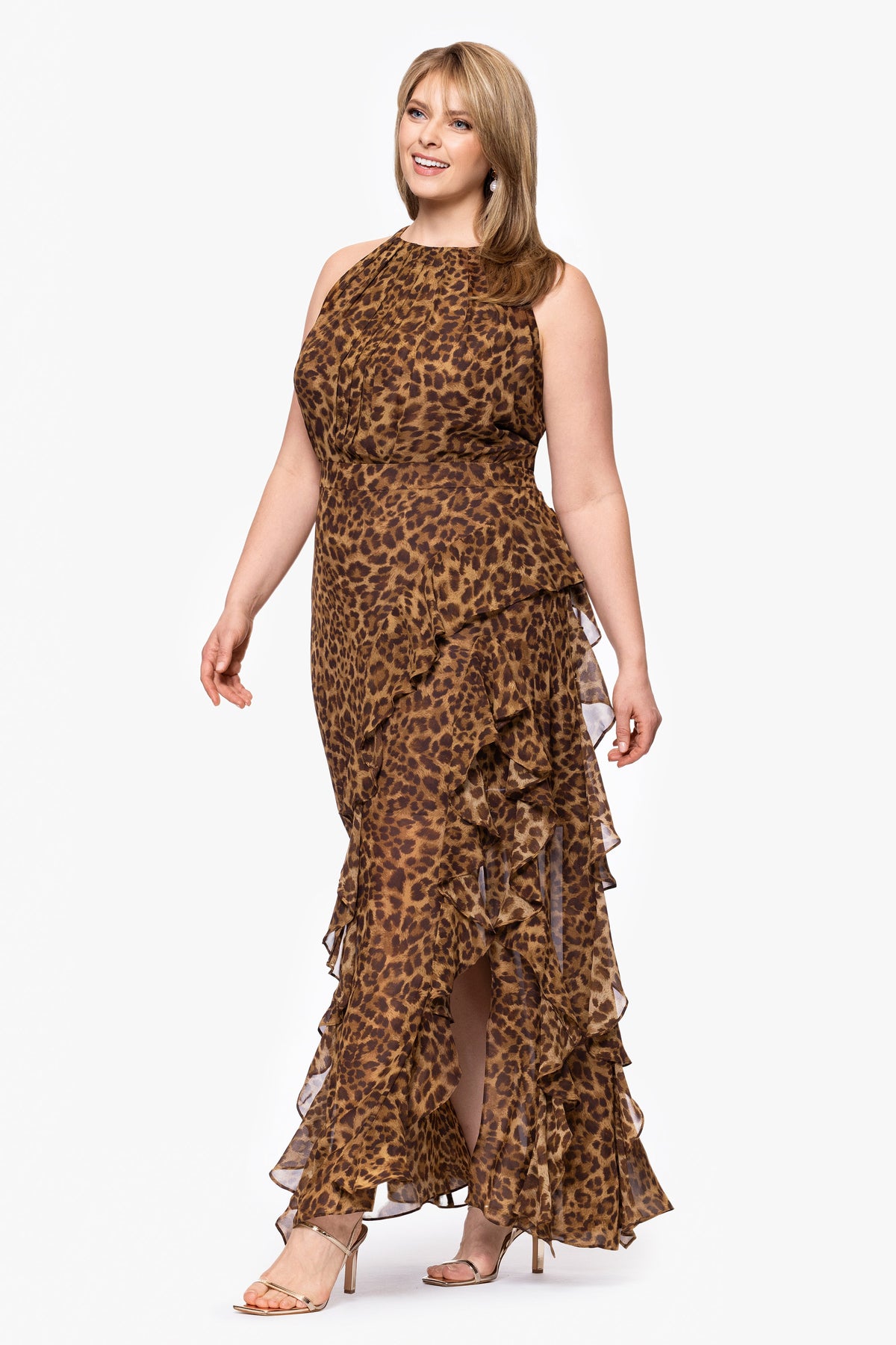 Betsy & Adam Plus "Andie" Print Chiffon Halter Neck Ruffle Dress - Brown/Multi
