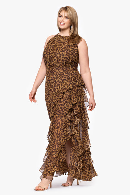 Betsy & Adam Plus "Andie" Print Chiffon Halter Neck Ruffle Dress - Brown/Multi