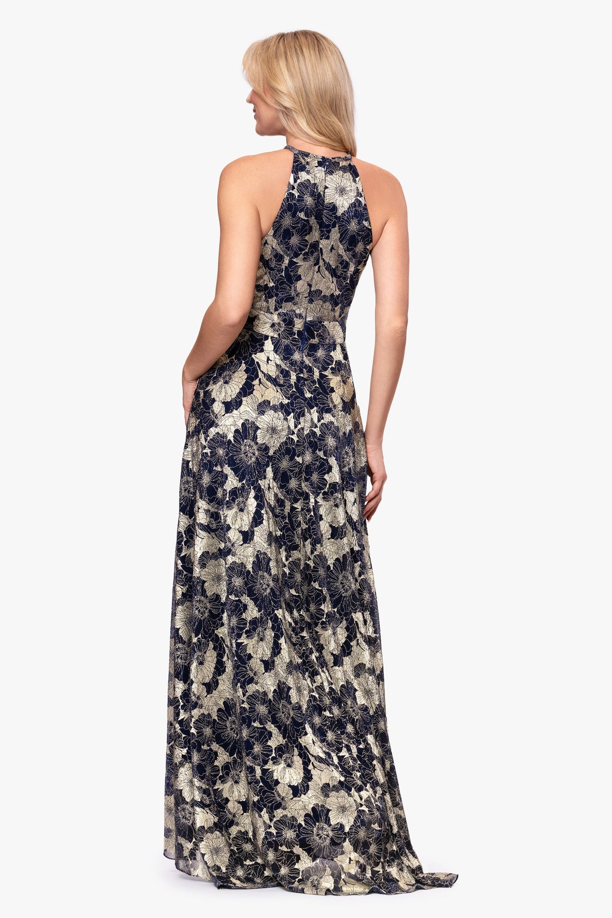 Betsy & Adam Petite "Layla" Printed Metallic Halter Top Dress - Navy/Gold