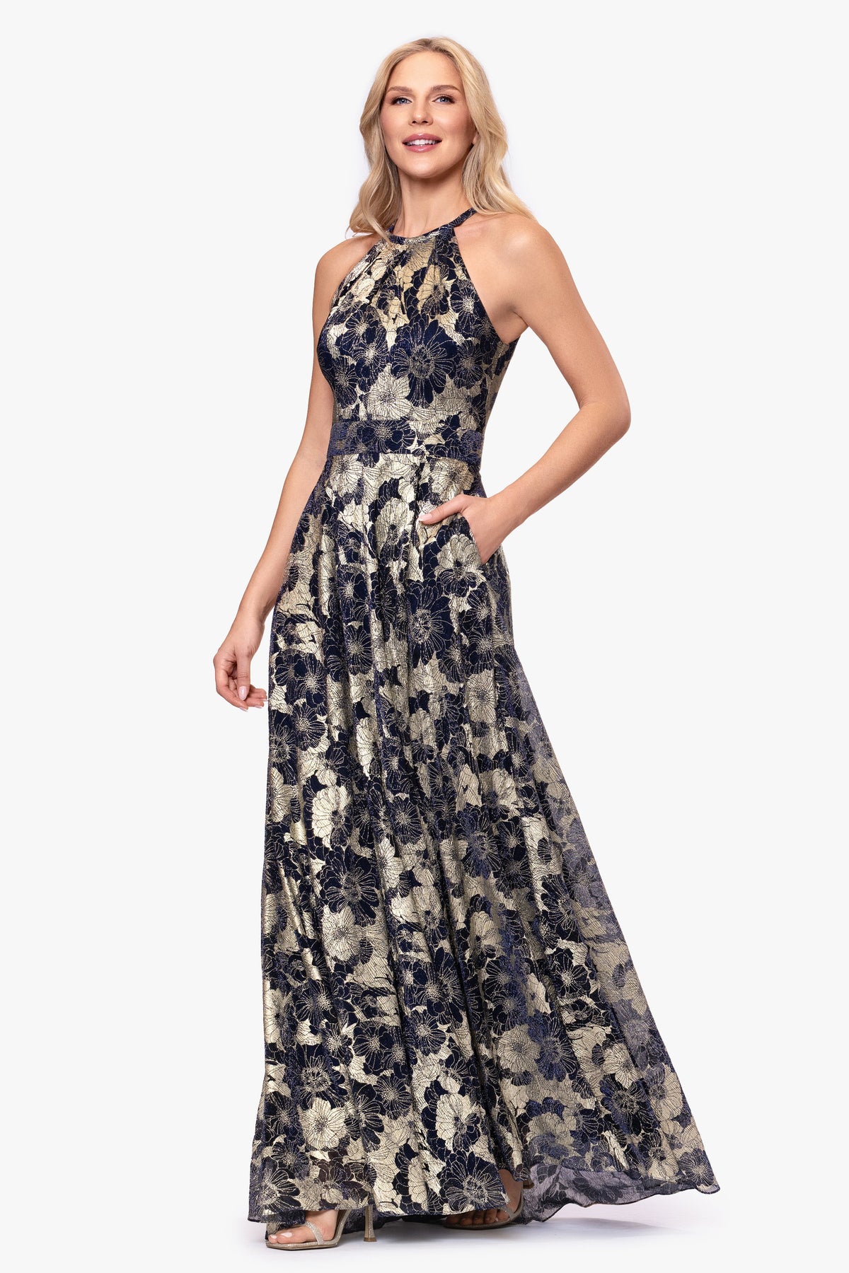 Betsy & Adam Petite "Layla" Printed Metallic Halter Top Dress - Navy/Gold
