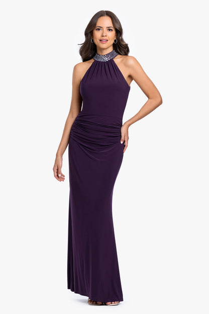 Betsy & Adam "Suki" Jersey Knit Mock Neck Beaded Dress - Plum/Silver