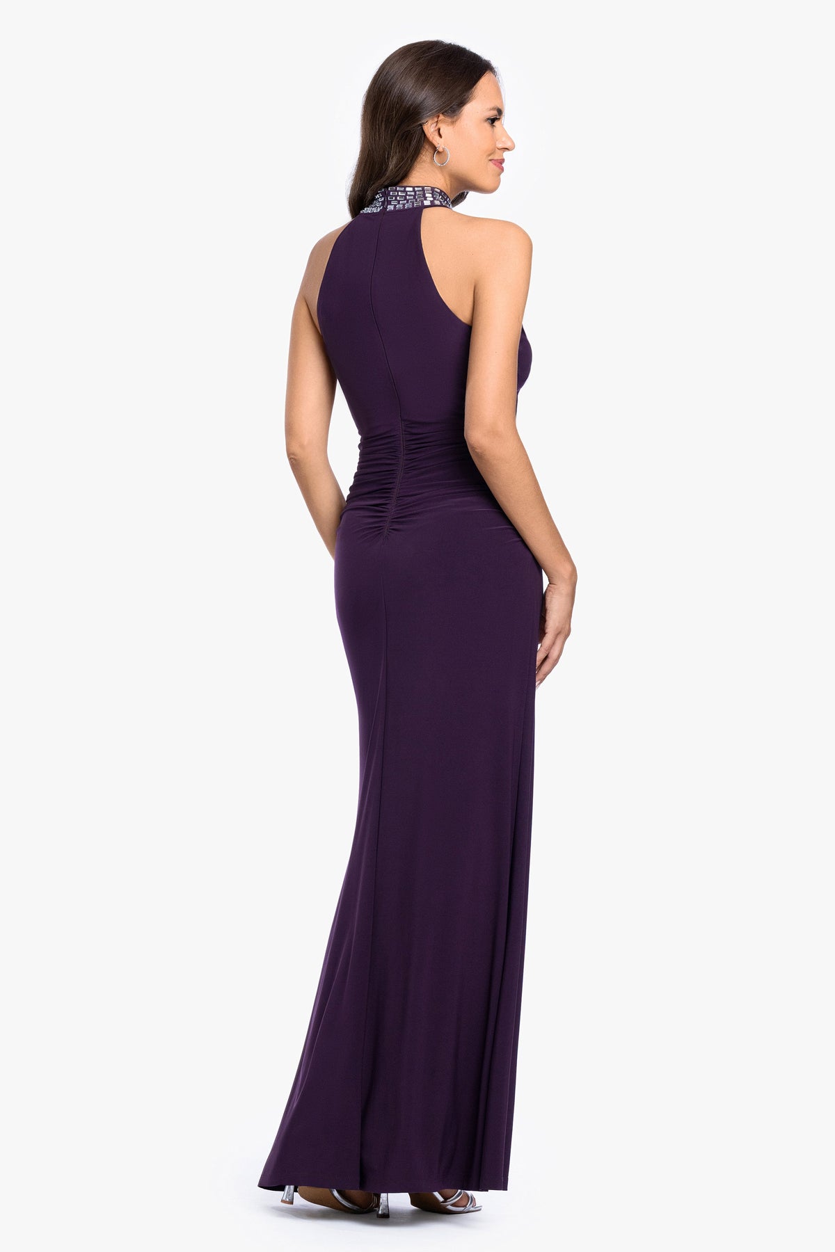 Betsy & Adam "Suki" Jersey Knit Mock Neck Beaded Dress - Plum/Silver