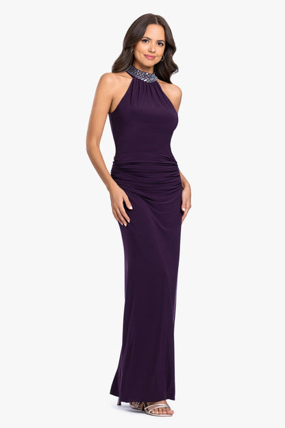 Betsy & Adam "Suki" Jersey Knit Mock Neck Beaded Dress - Plum/Silver