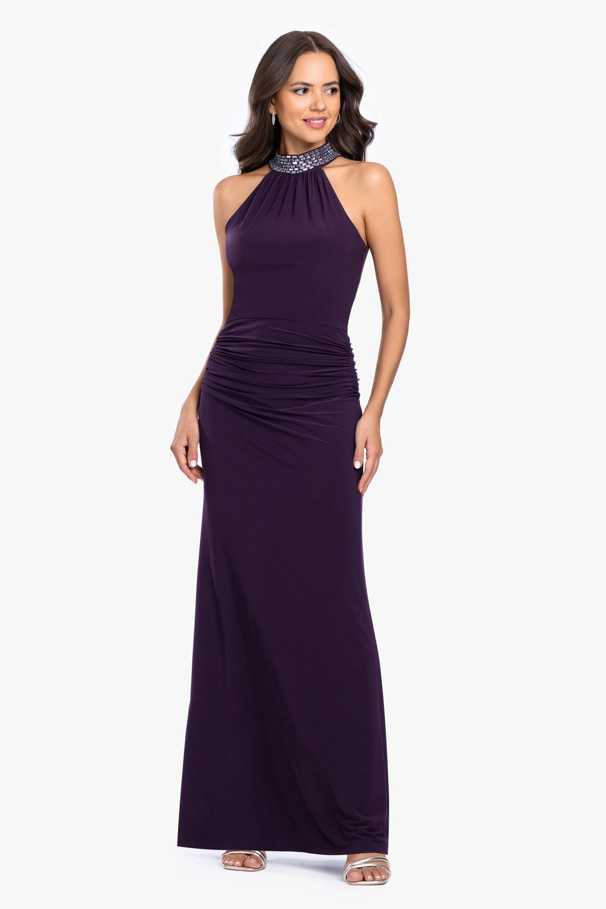 Betsy & Adam "Suki" Jersey Knit Mock Neck Beaded Dress - Plum/Silver