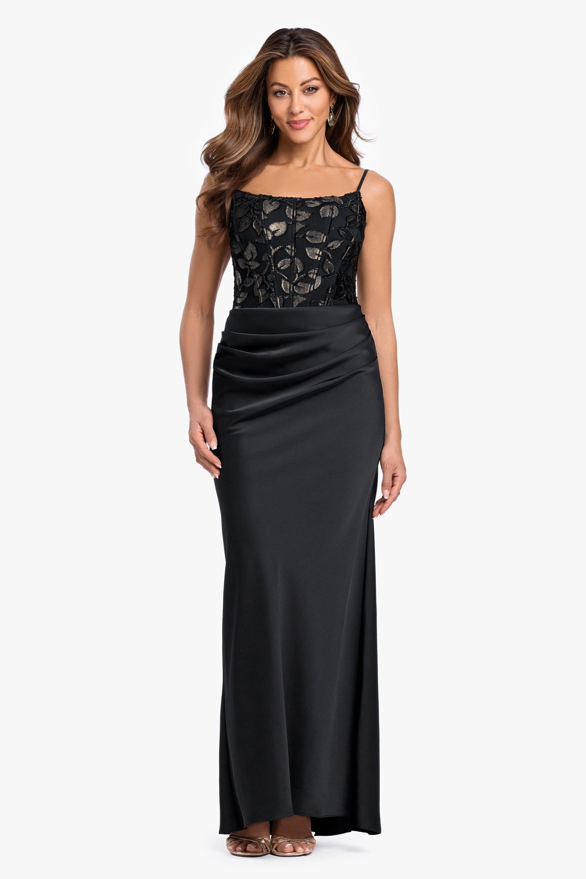 Betsy & Adam "Claudia" Clipped Burnout & Satin Skirt Dress - Black/Gold