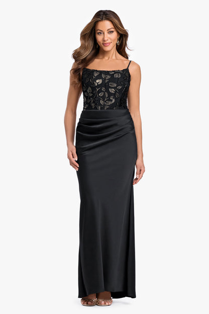 Betsy & Adam "Claudia" Clipped Burnout & Satin Skirt Dress - Black/Gold