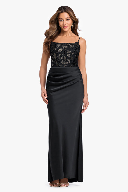 Betsy & Adam "Claudia" Clipped Burnout & Satin Skirt Dress - Black/Gold