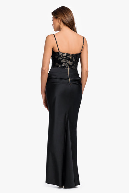 Betsy & Adam "Claudia" Clipped Burnout & Satin Skirt Dress - Black/Gold