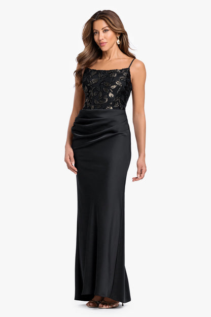 Betsy & Adam "Claudia" Clipped Burnout & Satin Skirt Dress - Black/Gold