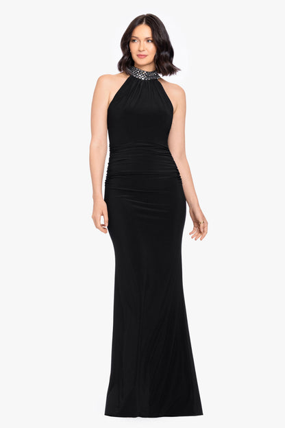 Betsy & Adam Petite "Suki" Jersey Knit Mock Neck Beaded Dress - Black/Silver