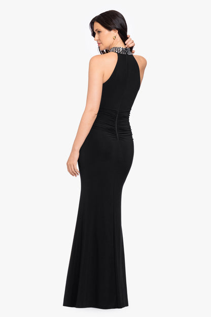 Betsy & Adam Petite "Suki" Jersey Knit Mock Neck Beaded Dress - Black/Silver