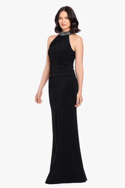 Betsy & Adam Petite "Suki" Jersey Knit Mock Neck Beaded Dress - Black/Silver