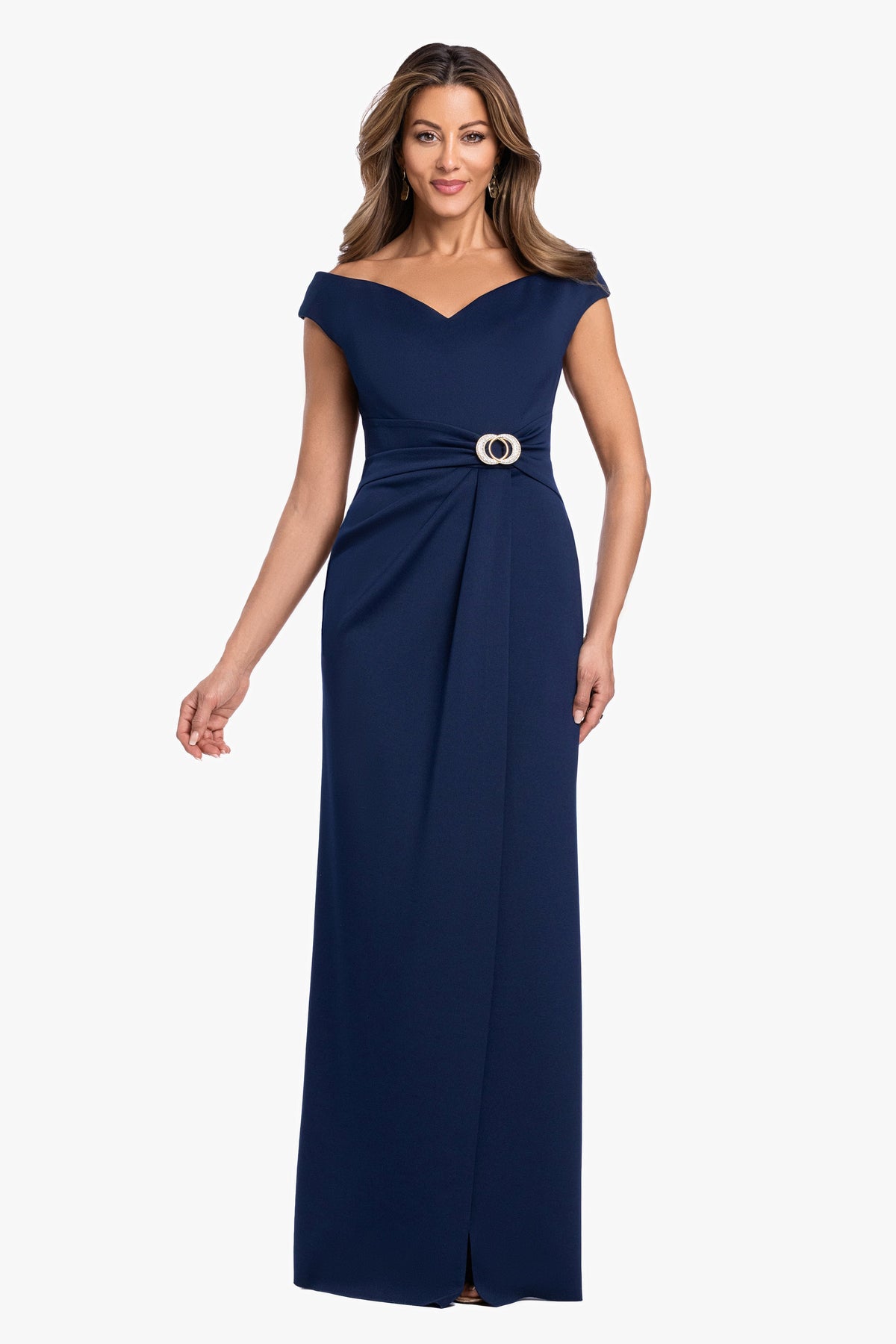 Betsy & Adam Petite "Shiloh" Techno Scuba Off Shoulder Dress - Navy