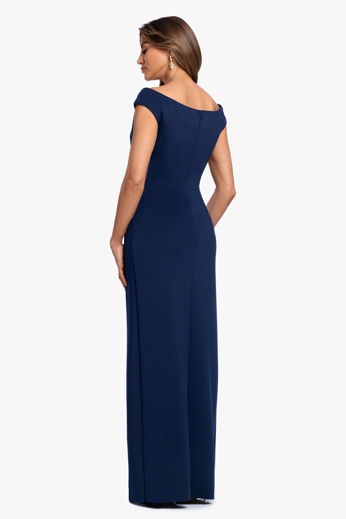 Betsy & Adam Petite "Shiloh" Techno Scuba Off Shoulder Dress - Navy