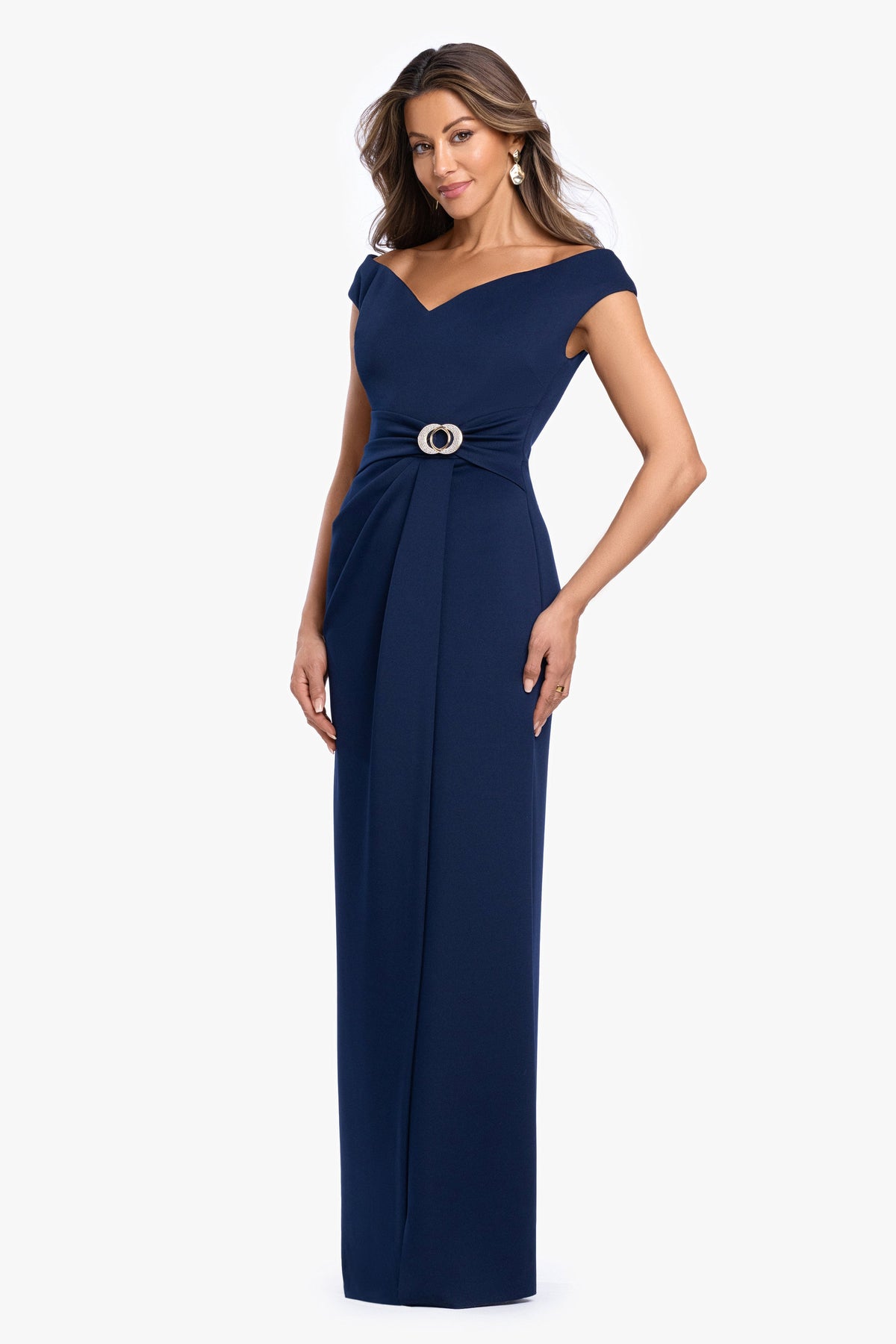 Betsy & Adam Petite "Shiloh" Techno Scuba Off Shoulder Dress - Navy