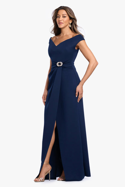 Betsy & Adam Petite "Shiloh" Techno Scuba Off Shoulder Dress - Navy