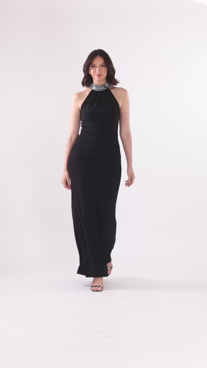 Betsy & Adam "Suki" Jersey Knit Mock Neck Beaded Dress - Black/Silver