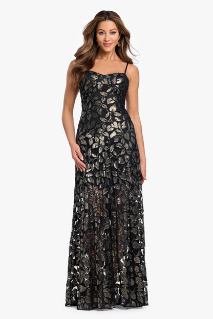 Betsy & Adam "Odette" Flower Burnout Foil Dress - Black/Gold