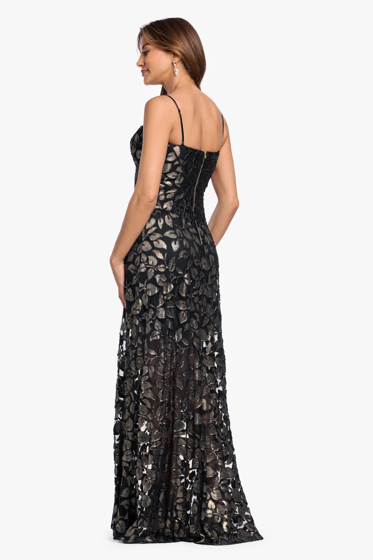 Betsy & Adam "Odette" Flower Burnout Foil Dress - Black/Gold