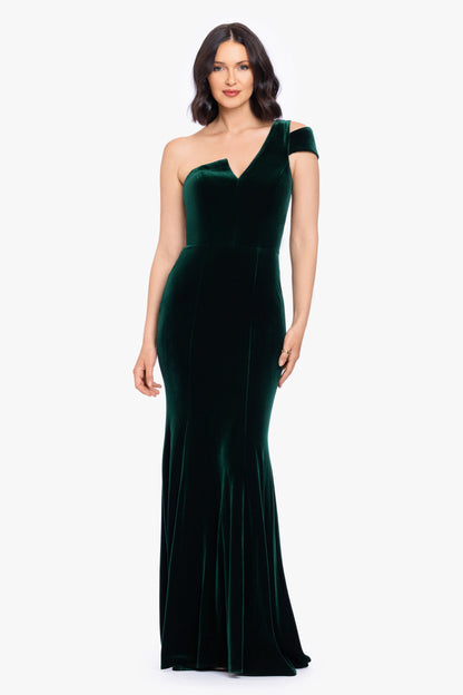 Betsy & Adam "Belinda" Velvet Cold Shoulder Dress - Hunter
