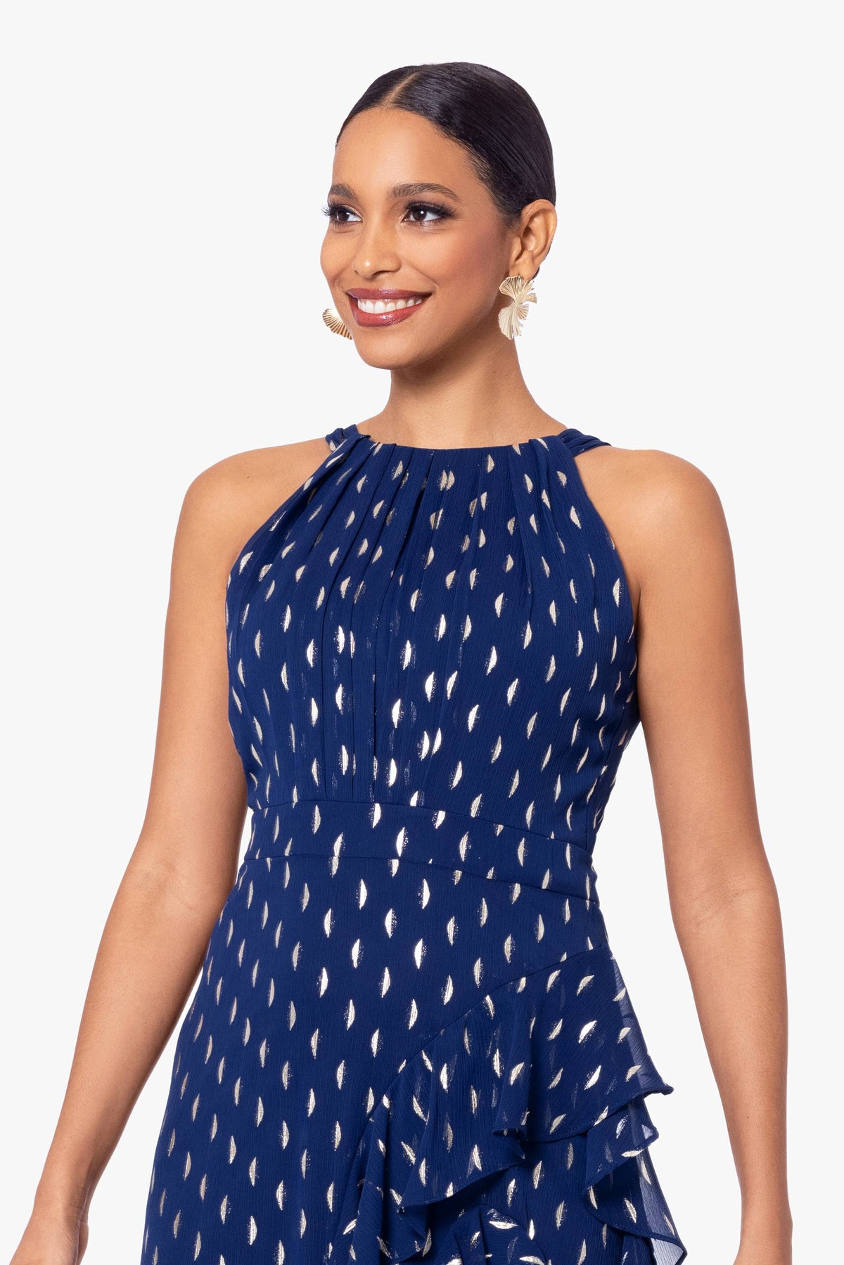 Betsy & Adam Petite "Karina" Chiffon Foil Ruffle Tie Neck Dress - Light Navy/Gold