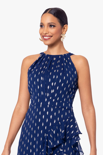Betsy & Adam Petite "Karina" Chiffon Foil Ruffle Tie Neck Dress - Light Navy/Gold