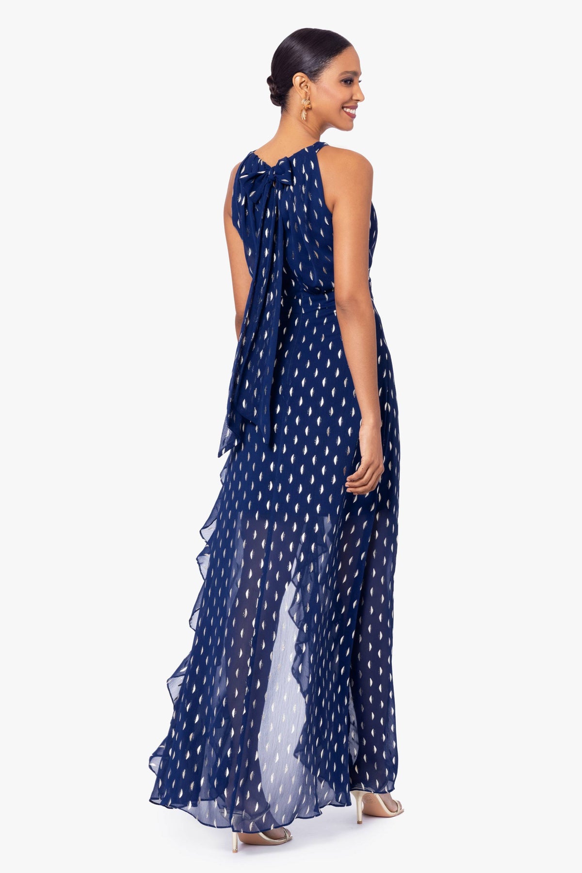 Betsy & Adam Petite "Karina" Chiffon Foil Ruffle Tie Neck Dress - Light Navy/Gold
